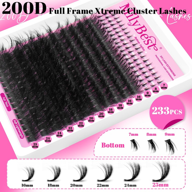 Long Fluffy Lash Clusters Kit 200D with Bottom Lashes, 16-25mm