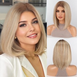 starluck Human Hair Wig for Women Blonde Wigs Real Human Hair Wigs Ombre Blonde Mixed Light Brown Layered Bob Wig 12 Inch Silk Base Realistic and Resistant for Daily Party Use