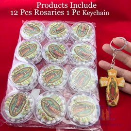 12 PCS Our Lady of Guadalupe White Bead Scented Rosaries for Baptism, First Communion Regligious Event Clear gift Box