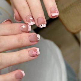 French Tip Nails - Cute Kity Press On Nails Short - Ballet Square False Nails - Pink Gradient Stick On nails With Star Design - Glossy And Full Cover Acrylic French nails For Women Girls