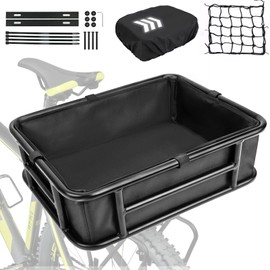 Mosxoed Bike Basket Rear, Bicycle Rear Basket with Cargo Net, Waterproof Cover and Liner, Heavy Duty Bicycle Basket Rear for Most Bikes, Electric Bike, E-Bike