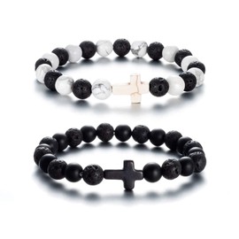 Softones 8MM Lava Rock Aromatherapy Anxiety Essential Black and White Intervals Beads Bracelet for Men Women, Friendship Couples Bracelets Gifts