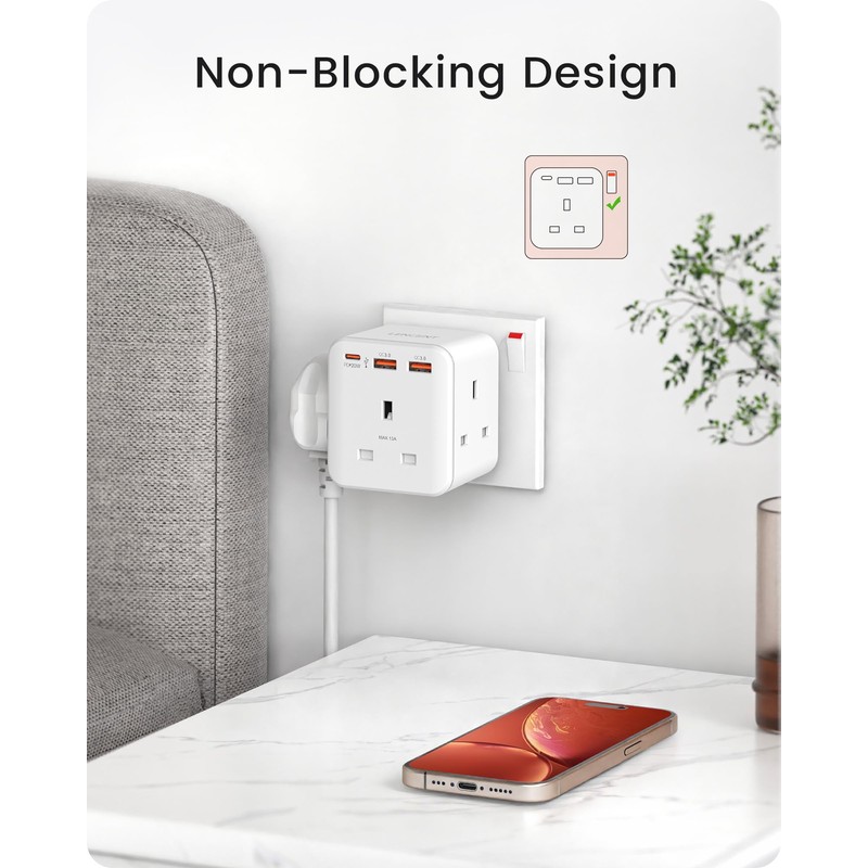 LENCENT 3 way plug adaptor with 3 Fast Charge USB,
