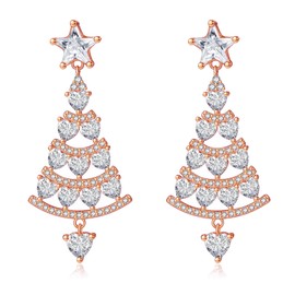 Loutade Silver Christmas Earrings for Women, Rose Gold Christmas Tree Drop Earrings with Sparkly Zircon, Hypoallergenic Lightweight Xmas Holiday Dangle Earrings Rose Gold with Gift Box for Winter
