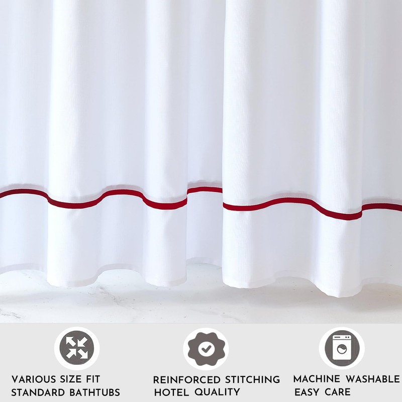youngseahome White Shower Curtain with Red Border, Modern Chic Faux