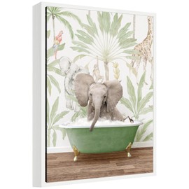 Kate and Laurel Baby Elephant 3 in Wild Safari Bathtub Framed Canvas Wall Art by Amy Peterson 18 x 24 Sylvie White, Whimsical, Animals, Bathroom, Tropical Art for Wall Decor, Living Room, Bedroom