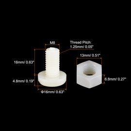 sourcing map 20 Pairs Nylon Screw Nut Assortment, M8x16mm Slotted Pan Head Screws & M8 Hex Nuts for Machinery, Electronics, White
