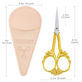 Tijeras clásico de acero inoxidable, pequeñas tijeras de costura y ganchillo para costura, manualidades y trabajos artísticos, herramienta manual de manualidades con funda de piel sintética (dorado)