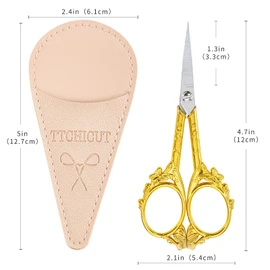 Tijeras clásico de acero inoxidable, pequeñas tijeras de costura y ganchillo para costura, manualidades y trabajos artísticos, herramienta manual de manualidades con funda de piel sintética (dorado)