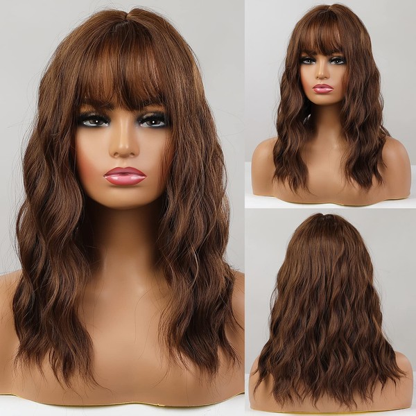 HAIRCUBE Long Brown Wavy Wigs for Women, Synthetic Wig Made