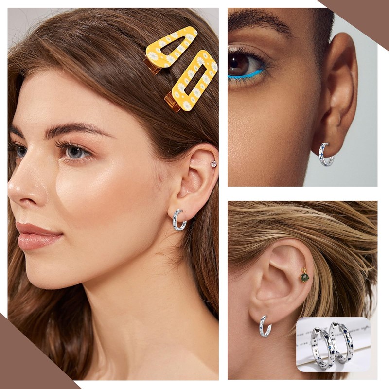 Silver Hoops Earrings for Women, S925 Silver Post Small Hoop