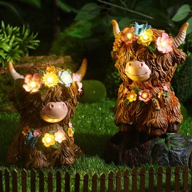 Colingmill 2 Pack Highland Cow Solar Lights Spring Easter Highland Cow Garden Resin Statue with Flower Decoration Solar Outdoor Decor for Patio Yard, Ideal Gift for Mom and Women