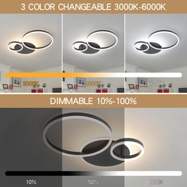 O'NEELDY Modern Dimmable LED Flush Mount Ceiling Light Remote Control Acrylic Ring Chandelier, 48W 3000K-6000K Adjustable, Black Fixture for Bedroom, Living Room, Dining Room, Kitchen and Hallway