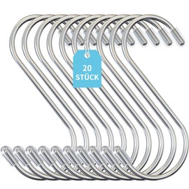 GOLDEROC Pack of 20 S Hooks, Large, 11 cm Hooks for Hanging, Double Hooks, Metal Hooks, Stainless Steel Hooks, Kitchen Hooks, Balcony Railing, Camping Coat Hooks, Hanging Hooks, Clothes Hangers Hooks