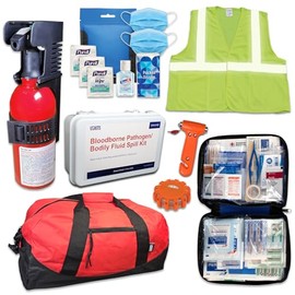 Rideshare Safety Kit - Recommended for all rideshare, car service, and taxi drivers to help keep occupants safe and healthy, with a fluid spill cleanup kit and PPE for sick drivers or passengers.