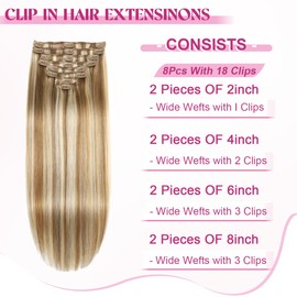 POGINJA Clip in Hair Extensions Real Human Hair, Remy Human Hair Extensions Clip ins for Women, 100% Natural Human Hair, Double Weftm, 18inch 100g 8Pcs, #16/22 Light Blonde to Golden Blonde