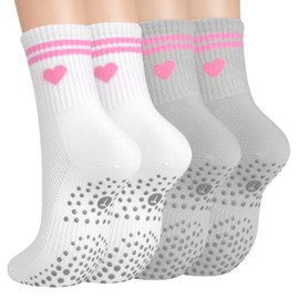 Toes Home Pilates Socks for Women with Non Slip Grippers, Yoga Crew Socks for Barre Hospital Sticky Slipper Socks 4 Pairs Pink Heart Valentine's Day