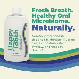 Happy Tooth Hydroxyapatite Mouthwash, Fluoride Free, Teeth Whitening, Remineralizing for Enamel Strength, Fresh Breath, Oral Microbiome Support, Dentist Formulated, Gentle Care, Fresh Mint, 20 Fl Oz
