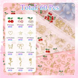 2 Boxes Gold Nail Charms and Gems, 3D Cherry Nails Charms Star Flower Butterfly Alloy Nail Gold Charm, Mixed Star Butterfly Charms for Nails Art Studs DIY Accessories Y2K