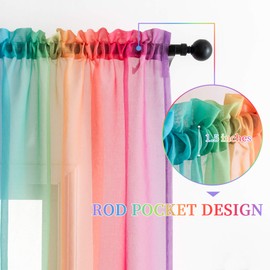 Anjee Rainbow Sheer Curtains 84 inches Long Ombre Colorful Faux Linen Texture 2 Panels Rod Pocket Semi Sheer Gauze Voile Drapes for Kids Bedroom Playrooms Nursery Patio, 52 x 84 Inches