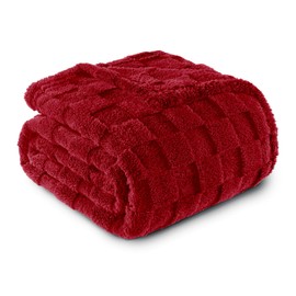Exclusivo Mezcla Fleece Throw Blanket for Couch, Super Soft 3D Checkered Jacquard Bed Blanket, Cozy Fluffy Lightweight Blanket for All Seasons, 50x60 Inches, Deep Red Blanket