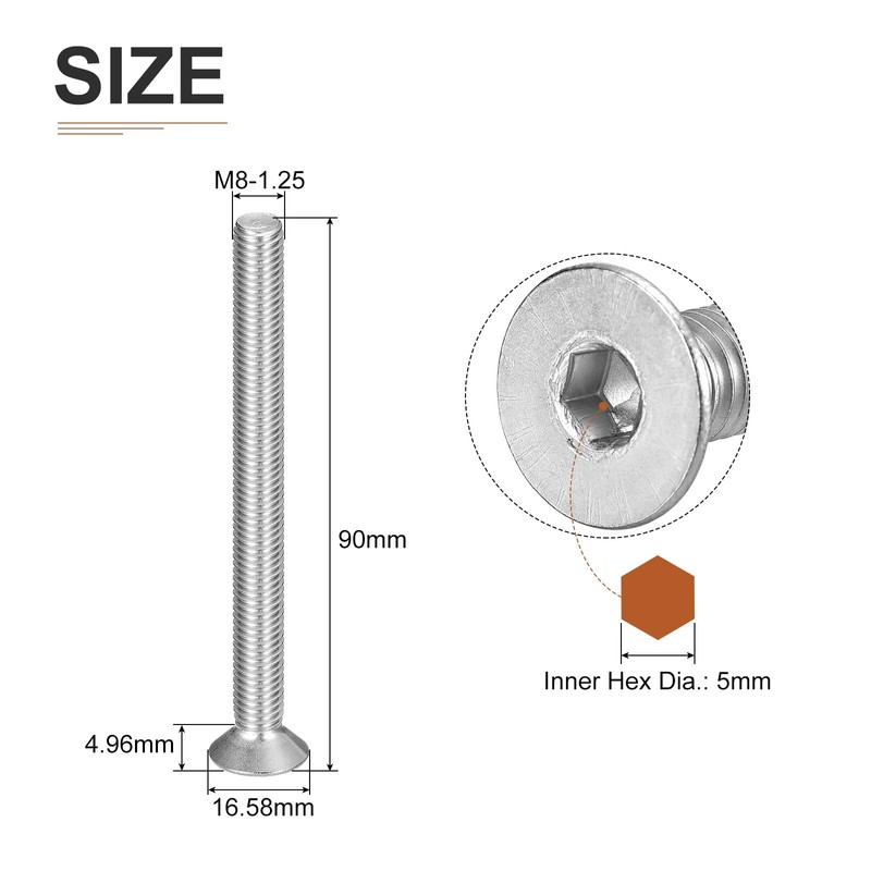 DTGN M8-1.25 x 90mm Flat Head Socket Cap Screws, 15