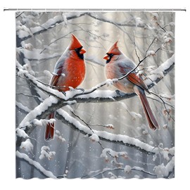 Christmas Shower Curtain Red Bird Tree Branch Snow Snowflake Winter Holiday Nature Gray Rustic Vintage Bathroom Home Curtain with Hooks,70" Wx70 H