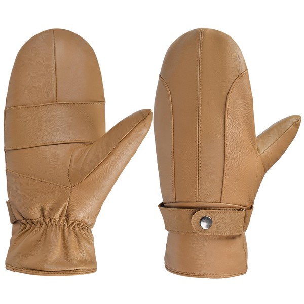 Harssidanzar Women's Leather Mittens Winter Warmth Wool Soft Lining SL027CA,Camel,size
