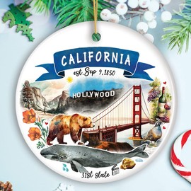 Collectible Ceramic USA Souvenir Keepsakes - Artistic California State Themes and Landmarks Christmas Ornament