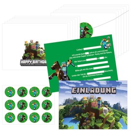 Pixel Invitation Cards with Envelope and Sticker, 12 x Invitation Cards Children's Birthday Invitation, Gamer Pixel Motif, German Invitation Cards for Girls, Boys, Children Party