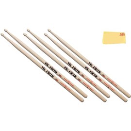 Vic Firth American Classic 7A Wood-Tipped Drumsticks - 6-Pack Bundle with Austin Bazaar Polishing Cloth