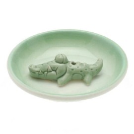 Made in Japan Japanese Stick Incense Burner Stand Holder Plate Dish Ceramic Green Alligator