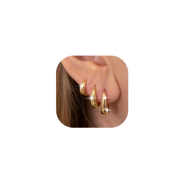 3Pairs Gold Hoop Earrings Set for Women 14K Gold Plated