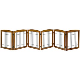 LZRS Sturdy Wood Pet Gate, Freestanding Wire Pet Dog Gate Safety Fence Indoor, Foldable Stair Barrier for Most Furry Friends, Puppy Dog Gate for Stairs, Doorways, Oak Cheery,24" Height-6 Panels