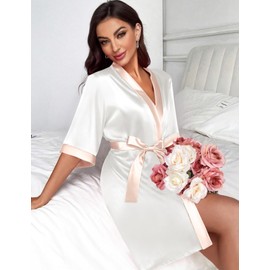 Ekouaer Women's Satin Robes Silk Kimono Bathrobe 3/4 Sleeve Bridal Bridesmaids Robes Soft Silky Sleepwear(White, XX-Large)