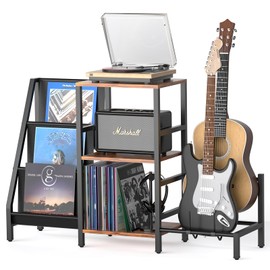 Coco Bird Record Player Stand,Record Player Table with Record Storage 200 Albums,Guitar Stand for Acoustic Guitar、 Electric Guitar、 Bass with Turntable Stand,Record Stand for Music Room & Living Room