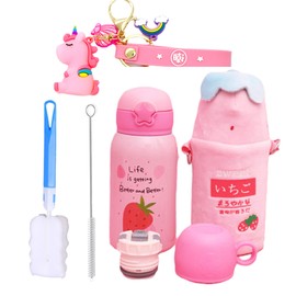 Pink Stawberry Kid Water Bottle for School Thermos with Straw Stainless Steel Drinkings Cup Vacuum Bottle Girl Birthday Gift (pink strawberry, 500ml)