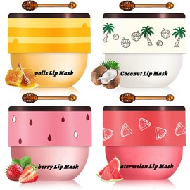 4 Unidades De Bálsamo Labial De Miel, Mascarilla Labial Hidratante De Miel, Bálsamo Labial Nocturno Con Propóleo Y Abeja, Exfoliante Para Labios Secos Y Agrietados(Miel + Fresa + Coco + Sand