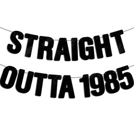 Pre-Strung STRAIGHT OUTTA 1985 - Black Glitter Banner, Happy 40th Birthday Party Decorations for Women & Men, Funny Forty Decor Bday Sign Gifts