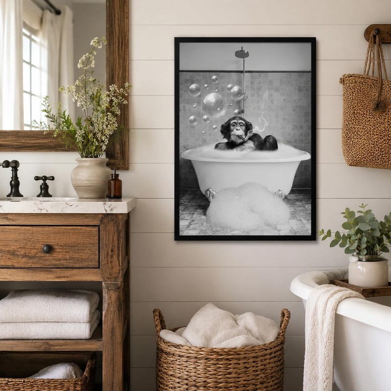 Framed Chimpanzee Bathroom Wall Art, Fun Black And White Monkey