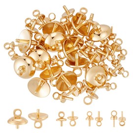 CRAFTYMELODY 56Pcs Eye Pin Bail Peg 4 Style 24K Gold Plated Brass Eye Pinch Bail Cup Pearl Connector for Half Drilled Beads Charms Pendants Jewelry Making Findings Accessory Necklace