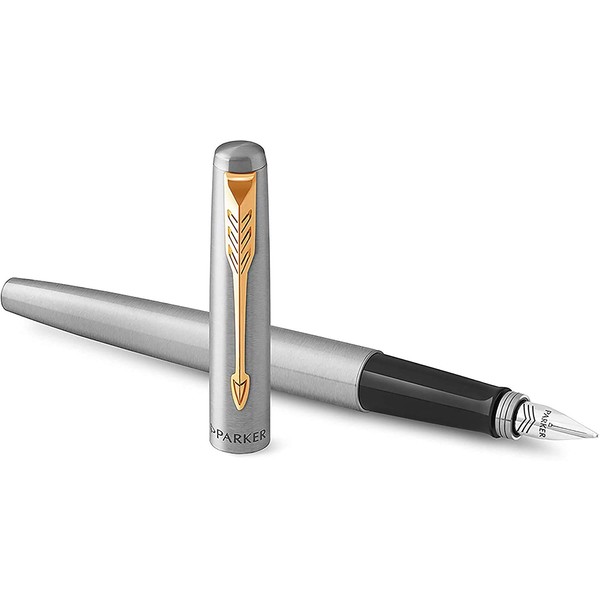PARKER Jotter Fountain Pen, Stainless Steel Shaft with Gold Trim, Spring Strength M, Blue Ink, including Gift Box
