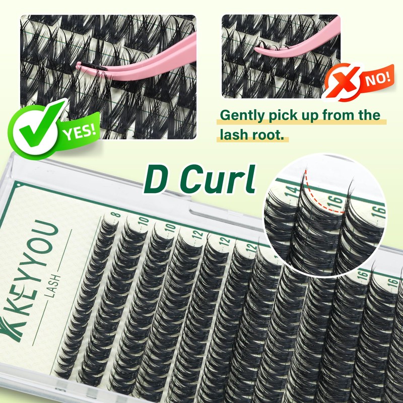 KEYYOU Thick Eyelash Extensions, 144 Pieces, D Curl Eyelash Clusters,