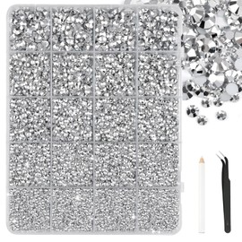 Bouiexye 28000 Pcs Silver Resin Rhinestones 2-6 mm Bedazzling Crystal Flatback Rhinestones with Tweezers for DIY Crafts Shoes Clothing Glasses Nail Art