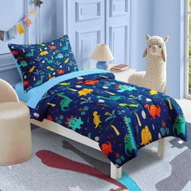 Nesker 4 Pcs Comforter Set Toddler Size, Blue Dino Bedding for Kids Teen, Colorful Dinosaur Bed Sheet with Pillowcase & Sham