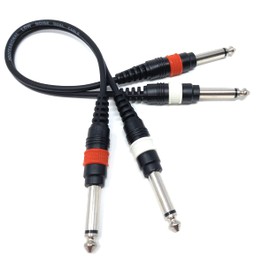 0.3m, Twin 6.35mm Mono 2 x Jack to 2 x Jack Shielded Cable Lead, Rubber Reliefs, Helical PVC Cord, Nickel Connectors (1ft)