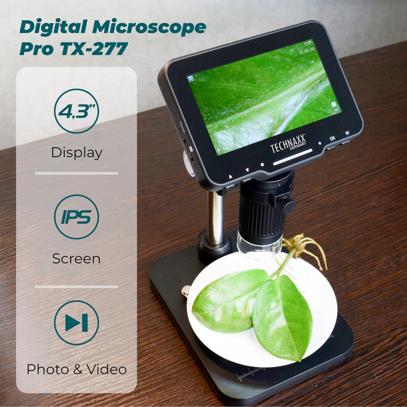 Technaxx Digital Microscope Pro TX-277-50x Magnification, 4.3" IPS Display, Adjustable