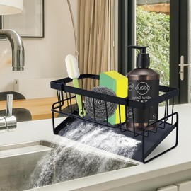 YIWONFU Sink Organiser (23.5 x 9 x 10.5 cm), Automatic Emptying Kitchen Organiser Sink with Dish Cloth Holder, Carbon Steel Sponge Holder Kitchen for Tableware