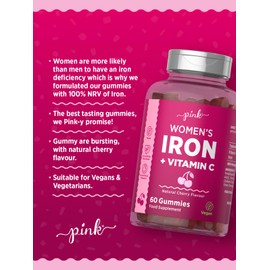 Iron Gummies for Women | Iron Supplement with Vitamin C | High Strength 14mg Iron | Natural Cherry Flavour | Vegan, No Artificial Sweetner & Flavours | 60 Gummies | PINK