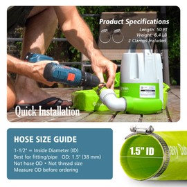 Green Expert 1-1/2" ID PVC Lay-flat Discharge Hose Heavy Duty for Pump Draining Pool Filter Backwash Garden Pond Flooded House Water Disposal, 50 Feet Length with Steel Clamp Kit